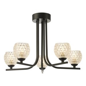 Cradle 5 Light G9 Matt Black Semi Flush Ceiling Light C/W Clear Dimpled Open Style Glass Shade