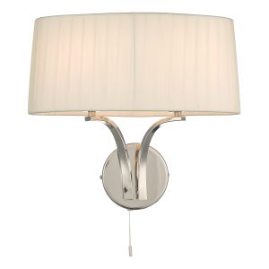 Cristin 2 Light E14 Polished Nickel Wall Light With Pull Cord Switch C/W Ivory Faux Silk Ribbon Shade
