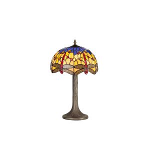 Crown 1 Light Tree Like Table Lamp E27 With 30cm Tiffany Shade, Blue/Orange/Crystal/Aged Antique Brass