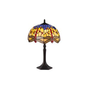 Crown 1 Light Octagonal Table Lamp E27 With 30cm Tiffany Shade, Blue/Orange/Crystal/Aged Antique Brass
