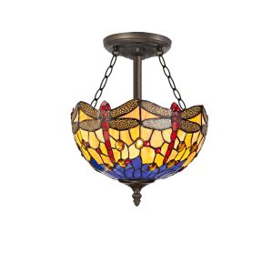 Crown 3 Light Semi Flush E27 With 30cm Tiffany Shade, Blue/Orange/Crystal/Aged Antique Brass