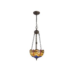 Crown 2 Light Uplighter Pendant E27 With 30cm Tiffany Shade, Blue/Orange/Crystal/Aged Antique Brass