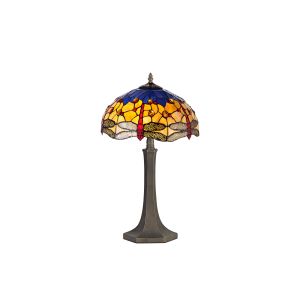 Crown 2 Light Octagonal Table Lamp E27 With 40cm Tiffany Shade, Blue/Orange/Crystal/Aged Antique Brass