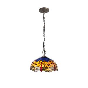 Crown 3 Light Downlighter Pendant E27 With 40cm Tiffany Shade, Blue/Orange/Crystal/Aged Antique Brass