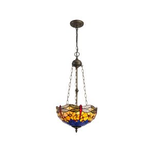Crown 3 Light Uplighter Pendant E27 With 40cm Tiffany Shade, Blue/Orange/Crystal/Aged Antique Brass