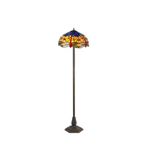 Crown 2 Light Octagonal Floor Lamp E27 With 40cm Tiffany Shade, Blue/Orange/Crystal/Aged Antique Brass