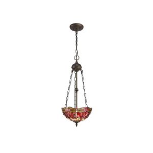 Crown 2 Light Uplighter Pendant E27 With 30cm Tiffany Shade, Purple/Pink/Crystal/Aged Antique Brass