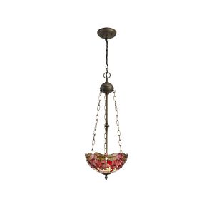 Crown 3 Light Uplighter Pendant E27 With 30cm Tiffany Shade, Purple/Pink/Crystal/Aged Antique Brass