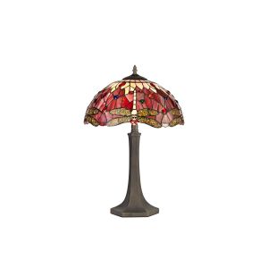 Crown 2 Light Octagonal Table Lamp E27 With 40cm Tiffany Shade, Purple/Pink/Crystal/Aged Antique Brass