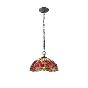 Crown 2 Light Downlighter Pendant E27 With 40cm Tiffany Shade, Purple/Pink/Crystal/Aged Antique Brass