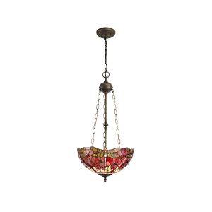 Crown 3 Light Uplighter Pendant E27 With 40cm Tiffany Shade, Purple/Pink/Crystal/Aged Antique Brass