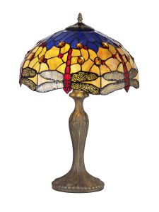 Crown 2 Light Curved Table Lamp E27 With 40cm Tiffany Shade, Blue/Orange/Crystal/Aged Antique Brass
