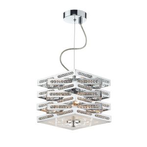 Cube 3 Light E14 Polished Chrome Adjustable Cube Shaped Pendant With Decorative Strings Of Crystal Glass Beads With Frosted Diffuser