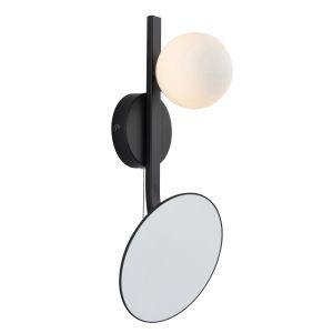Demer 1 Light G9 Black Mirrored Wall Light With Opal Glass Shade With Pull Cord
