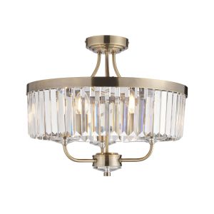 Ovel 3 Light E14 Antique Brass Semi Flush Fitting With Decorative Clear Cut Faceted Glass