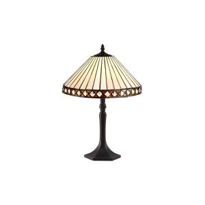 Dareham 1 Light Octagonal Table Lamp E27 With 30cm Tiffany Shade, Amber/Ccrain/Crystal/Aged Antique Brass