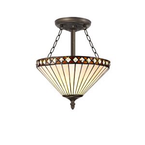 Dareham 3 Light Semi Flush E27 With 30cm Tiffany Shade, Amber/Ccrain/Crystal/Aged Antique Brass