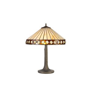 Dareham 2 Light Tree Like Table Lamp E27 With 40cm Tiffany Shade, Amber/Ccrain/Crystal/Aged Antique Brass