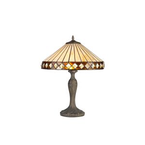 Dareham 2 Light Curved Table Lamp E27 With 40cm Tiffany Shade, Amber/Ccrain/Crystal/Aged Antique Brass
