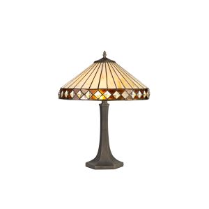 Dareham 2 Light Octagonal Table Lamp E27 With 40cm Tiffany Shade, Amber/Ccrain/Crystal/Aged Antique Brass