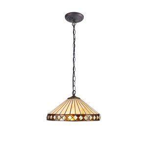 Dareham 1 Light Downlighter Pendant E27 With 40cm Tiffany Shade, Amber/Ccrain/Crystal/Aged Antique Brass
