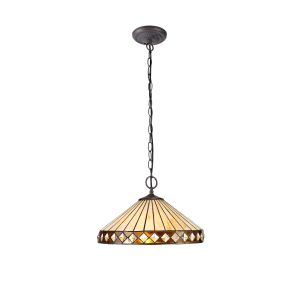 Dareham 2 Light Downlighter Pendant E27 With 40cm Tiffany Shade, Amber/Ccrain/Crystal/Aged Antique Brass