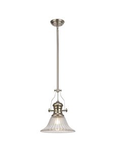 Davvid 1 Light Pendant E27 With 30cm Bell Glass Shade, Polished Nickel/Clear