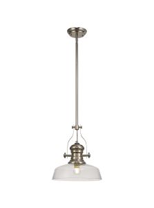 Davvid 1 Light Pendant E27 With 30cm Flat Round Glass Shade, Polished Nickel/Clear