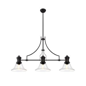Davvid 3 Light Linear Pendant E27 With 30cm Smooth Bell Glass Shade, Matt Black, Clear