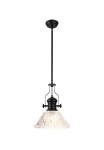 Davvid Pendant With 38cm Patterned Round Shade, 1 x E27, Matt Black/Clear Glass