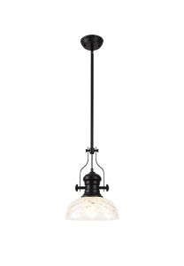 Davvid Pendant With 30cm Flat Round Patterned Shade, 1 x E27, Matt Black/Clear Glass