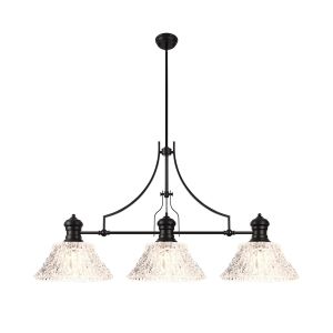 Davvid Linear Pendant With 38cm Patterned Round Shade, 3 x E27, Matt Black/Clear Glass Item Weight: 19.1kg