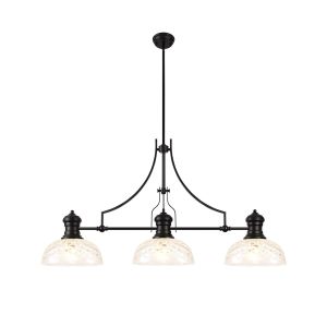 Davvid Linear Pendant With 30cm Flat Round Patterned Shade, 3 x E27, Matt Black/Clear Glass