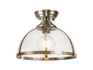 Davvid 30cm Flush Ceiling Fitting, 1 x E27, Antique Brass / Clear