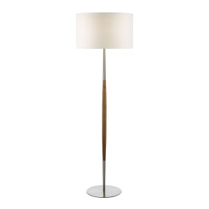 Detroit 1 Light E27 Satin Nickel With Walnut Detail Floor Lamp With Inline Foot Switch C/W Pyramid White Linen 46cm Drum Shade