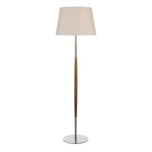 Detroit 1 Light E27 Satin Nickel With Walnut Detail Floor Lamp With Inline Foot Switch C/W Puscan Ccrain Cotton Tapered 45cm Drum Shade