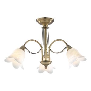 Doublet 3 Light E14 Antique Brass Semi Flush Fitting With Opaque Alabaster Glass Shades