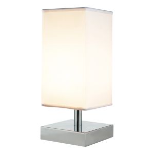 Drayton 1 Light E14 Polished Chrome 3 Stage Touch Table Lamp With Tall Square White Cotton Shade