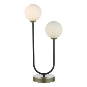 Duo 2 Light G9 Antique Brass & Matt Black Table Lamp With Inline Switch C/W Opal Twisted Glass Shades