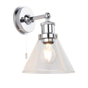 Ister 1 Light E27 Polished Chrome IP44 Bathroom Wall Light With Clear Coned Glass Shade & With Pull Cord Switch