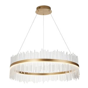 Esano 83W, 3000K Integrated LED 3700lm Brushed Gold Adjustable Round Pendant With Twisted Clear Glass Rods