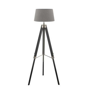 Easel 1 Light E27 Adjustable Height Tripod Floor Lamp Black C/W Cezanne Grey Faux Silk Tapered 45cm Drum Shade