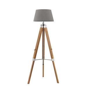 Easel 1 Light E27 Hight Adjustable Tripod Floor Lamp Light Wood With Polished Chrome C/W Cezanne Grey Faux Silk Tapered 45cm Drum Shade