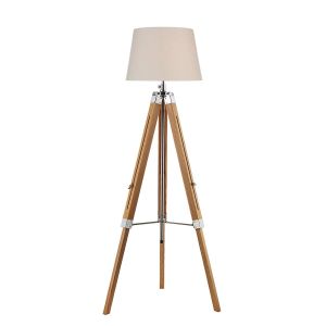 Easel 1 Light E27 Hight Adjustable Tripod Floor Lamp Light Wood With Polished Chrome C/W Puscan Ccrain Cotton Tapered 45cm Drum Shade