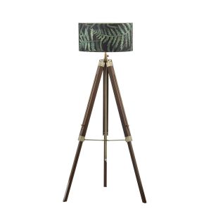 Easel 1 Light E27 Height Adjustable Tripod Floor Lamp Dark Wood With Antique Brass C/W Bamboo Green Leaf Cotton 49cm Drum Shade