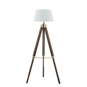 Easel 1 Light E27 Height Adjustable Tripod Floor Lamp Dark Wood With Antique Brass C/W Cezanne White Faux Silk Tapered 45cm Drum Shade