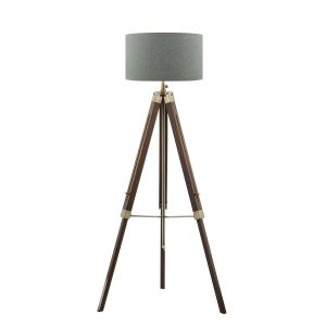 Easel 1 Light E27 Height Adjustable Tripod Floor Lamp Dark Wood With Antique Brass C/W Pyramid Grey Linen 46cm Drum Shade