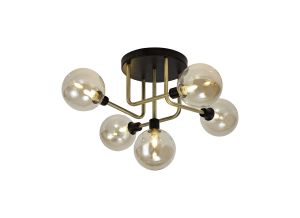 Eaton 59cm Flush Ceiling, 5 Light G9, Matt Black/Antique Brass/Cognac Glass