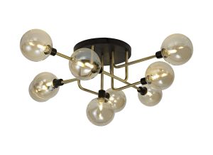 Eaton Flush Ceiling, 9 Light G9, Matt Black/Antique Brass/Cognac Glass