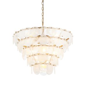 Doblo 9 Light E14 Antique Gold Paint Tiered Adjustable Pendant With Stunning Swirled White & Clear Glass Ornate Suspended Discs